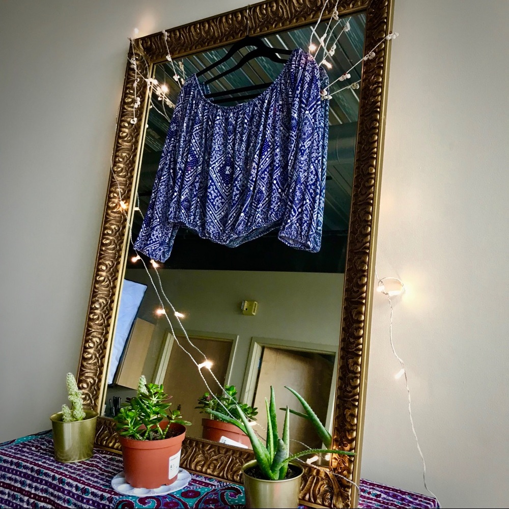 Navy blue and white off the shoulder crop top